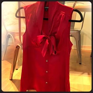 Ruby red satin sleeveless blouse necktie XS